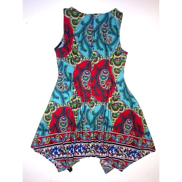 Reborn Womens dress paisley teal red Sz M Asymmetrical Sleeveless Multicolor EUC - Picture 2 of 12